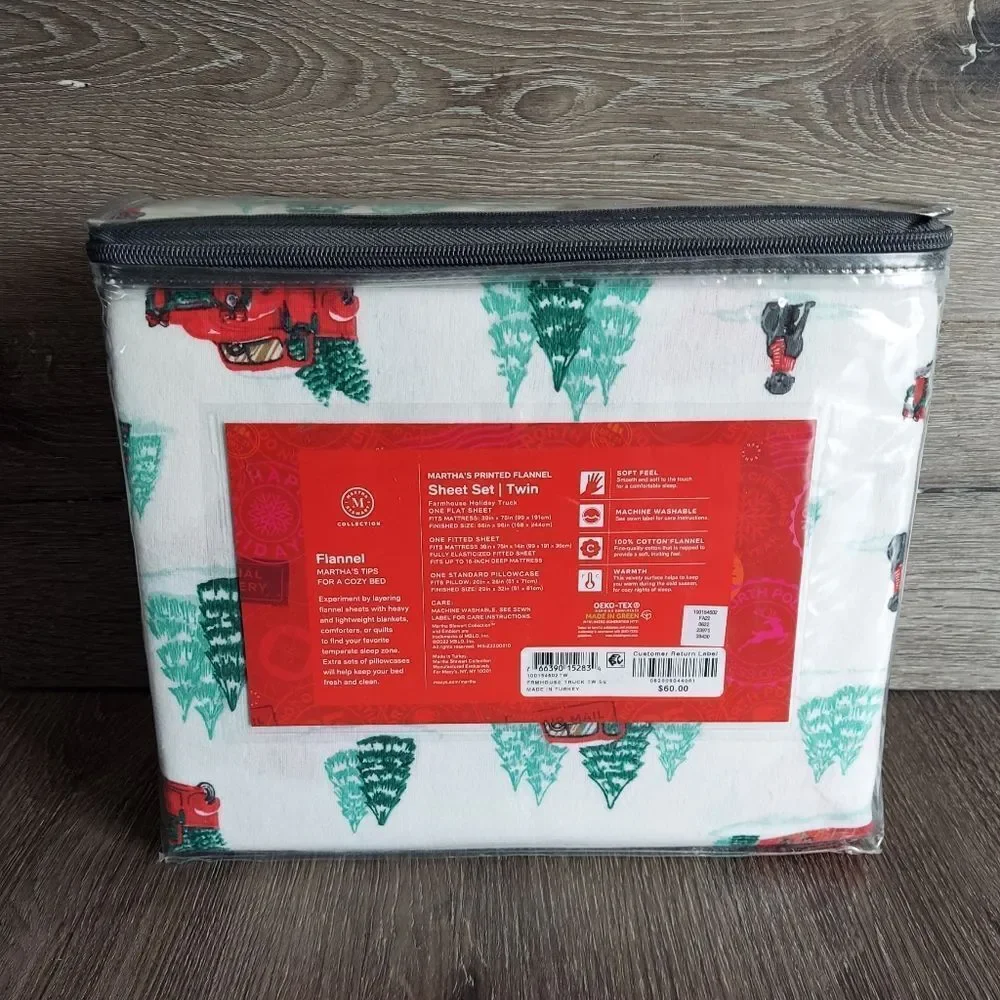 Martha Stewart Holiday Printed Cotton Flannel Farmhouse Truck Twin Sheet Set